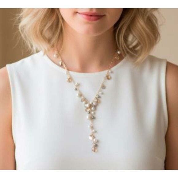 LOFT Jewelry - Ann Taylor LOFT Metallic Dainty Bead and Pearl Y Necklace NWT 39.5